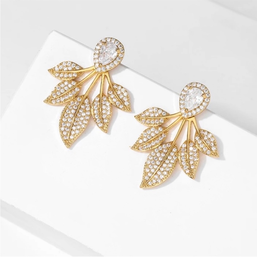 Diamond Leaf Floral Crystal Bohemian Gold 925 Sterling Silver Festival Earrings - Picture 2 of 6